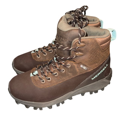 Merrell Thermo Kiruna Mid Waterproof Hiking Boots Brown Teal Leather Womens 9 - Picture 2 of 8